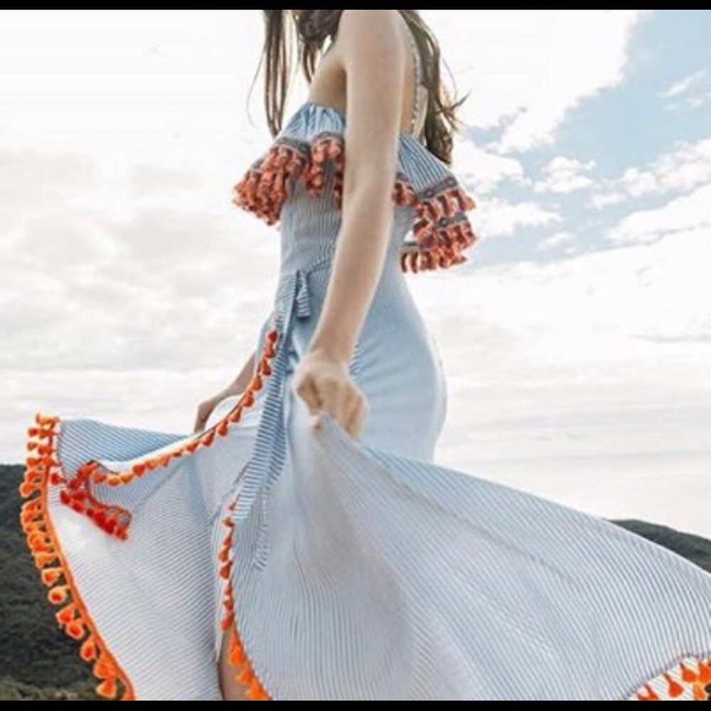 THML striped Pom Pom wrap dress